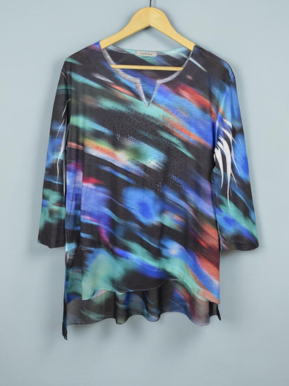 JESS & JANE RHINESTONE BULGARI ART TO WEAR LAYERED ABSTRACT PRINT TUNIC